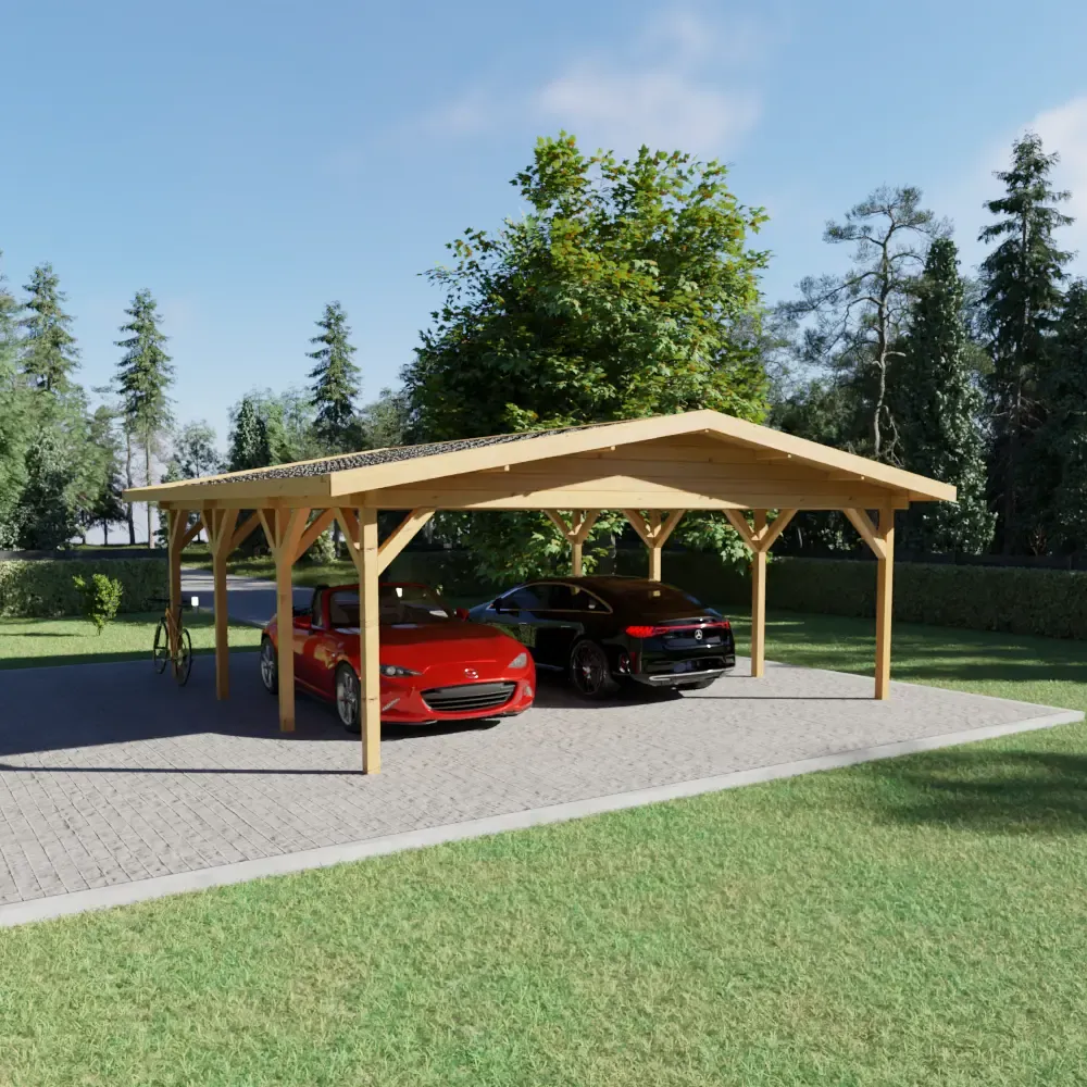 Medinė automobilių stoginė su dviem pastatytais automobiliais – raudonu kabrioletu ir juodu sedanu – po giedru mėlynu dangumi tarp medžių ir žolės.