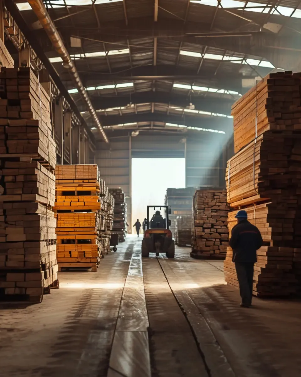 Interior of a large warehouse with stacks of lumber, a forklift in the center, and workers wearing helmets.