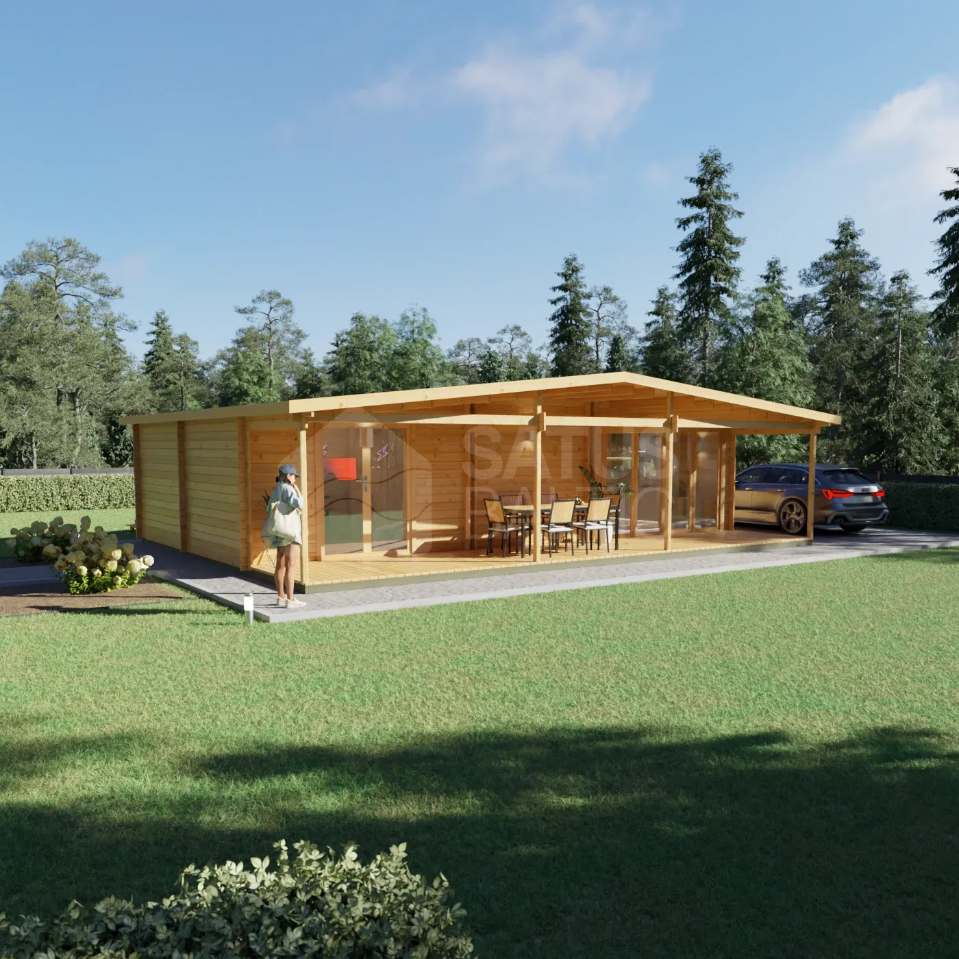 Coruna 10.5×7.95 m – wooden cabin, 83.4 m², 4 rooms – Front view from the left: the covered terrace along the whole front with a dining table, a woman at the corner of the house and the car on the drive