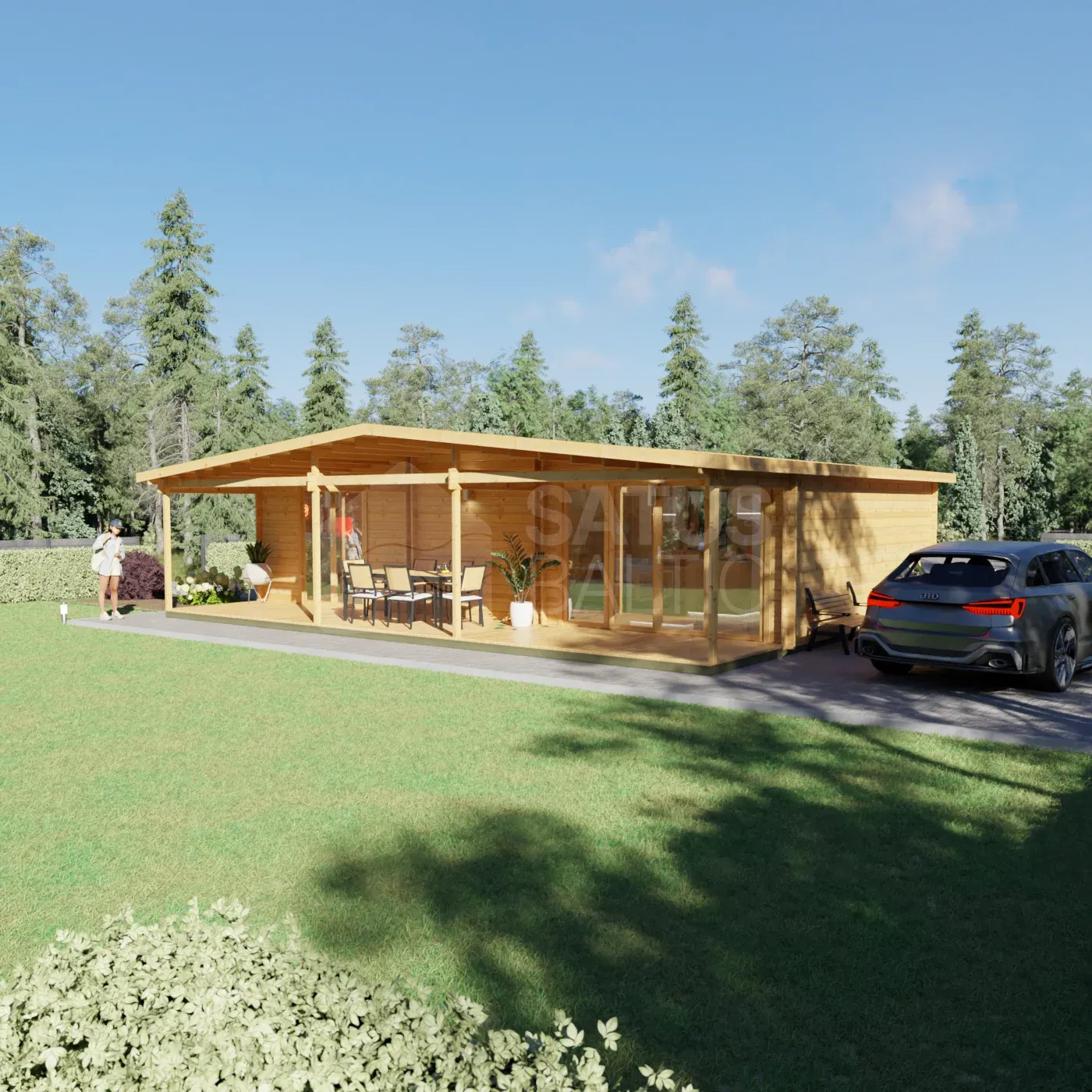 Coruna 10.5×7.95 m – Front view from the right: the covered terrace with its dining table and two glazed double doors, the car parked beside the house