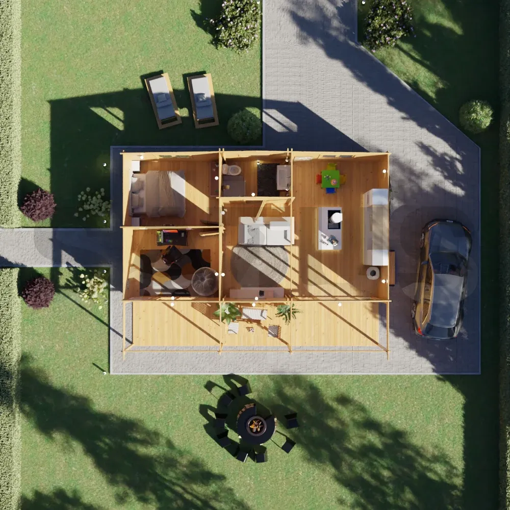 Coruna 10.5×7.95 m – medinis namelis, 83.4 m², 4 patalpos – nuotrauka 5