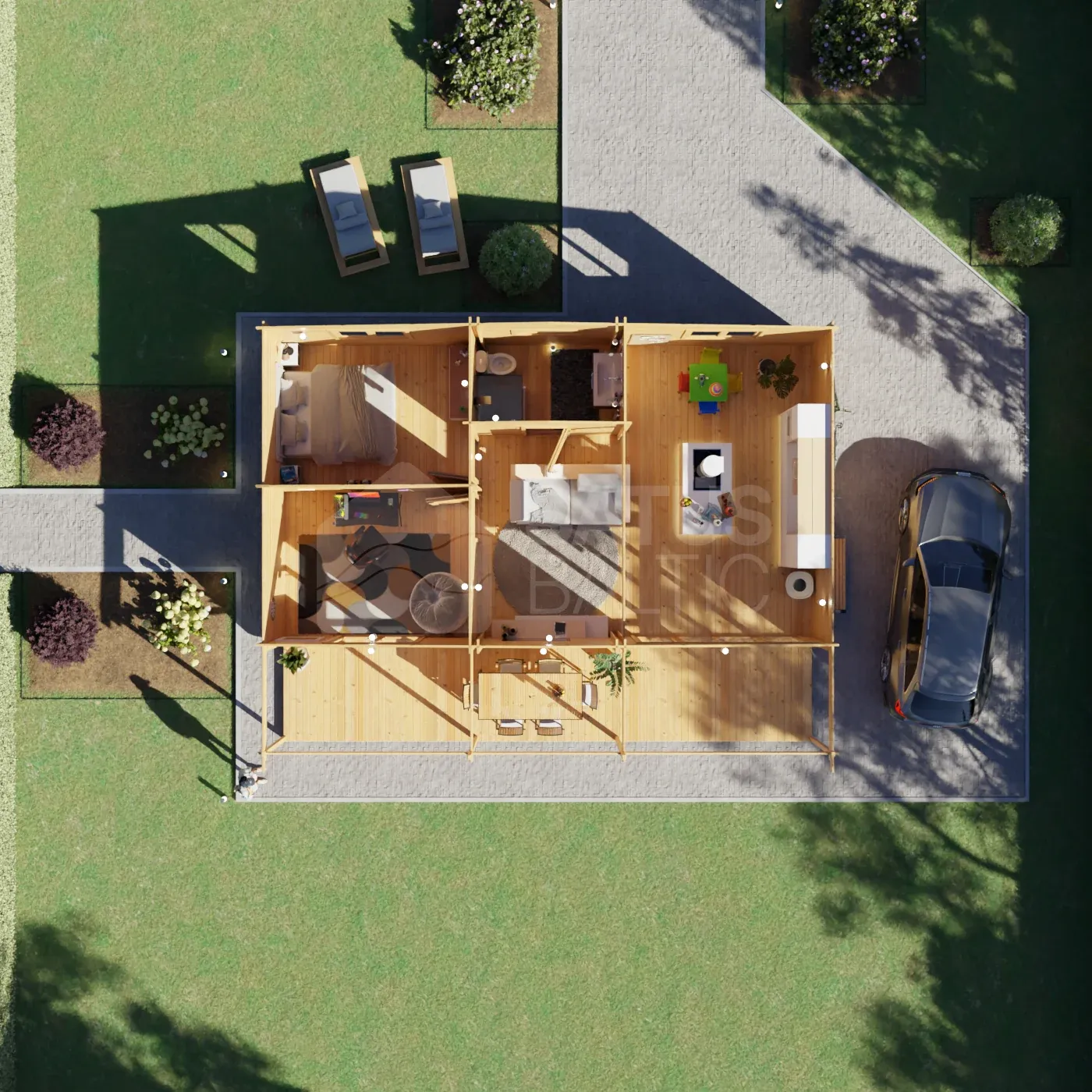 Coruna 10.5×7.95 m – Plan from above with the roof removed – every room furnished
