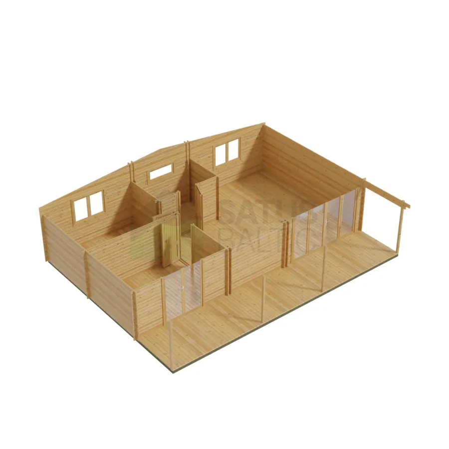 Coruna 10.5×7.95 m – Construction view with the walls cut at eave height, showing the room layout