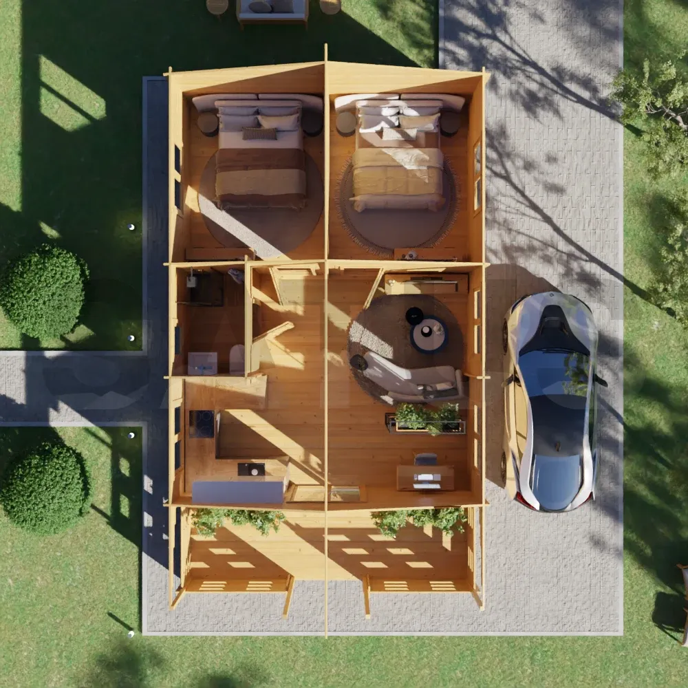 Terrasa 5.95×10 m – medinis namelis, 59.5 m², 4 patalpos – nuotrauka 5
