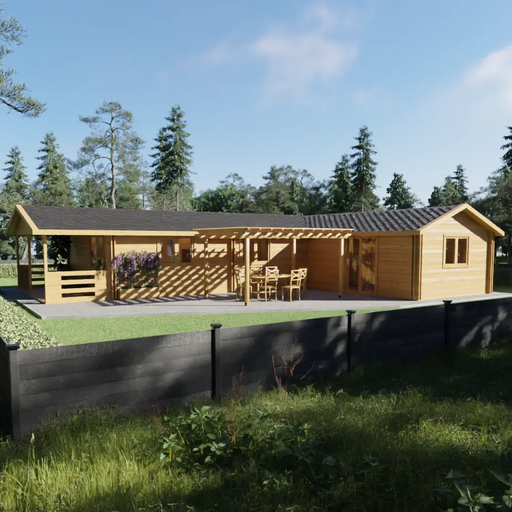 Single-story wooden house with a pergola-covered patio and outdoor dining set surrounded by grass and trees.