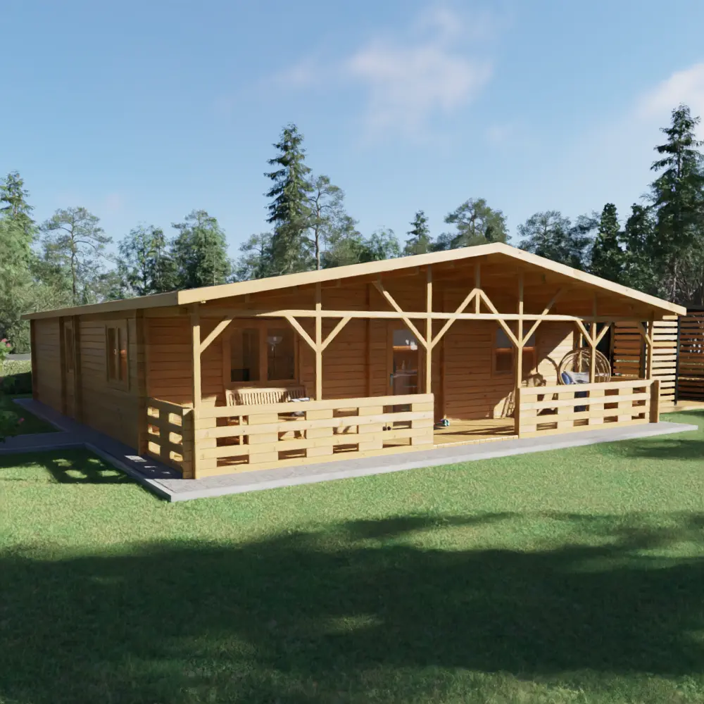 Single-story wooden cabin with a covered porch, outdoor furniture, and surrounded by green grass and trees under a blue sky.
