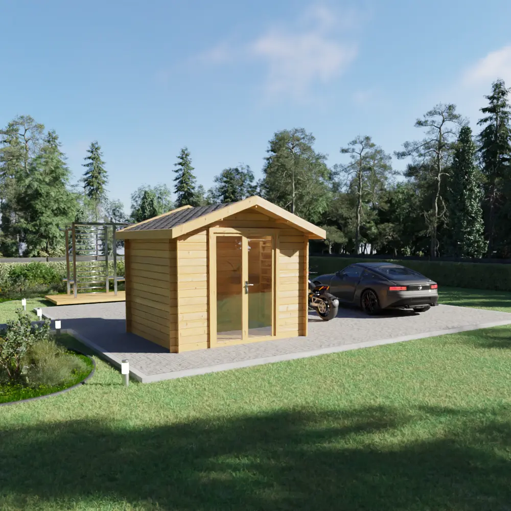Wooden garden shed with glass door on a paved area next to a black sports car and motorcycle in a green yard with trees.