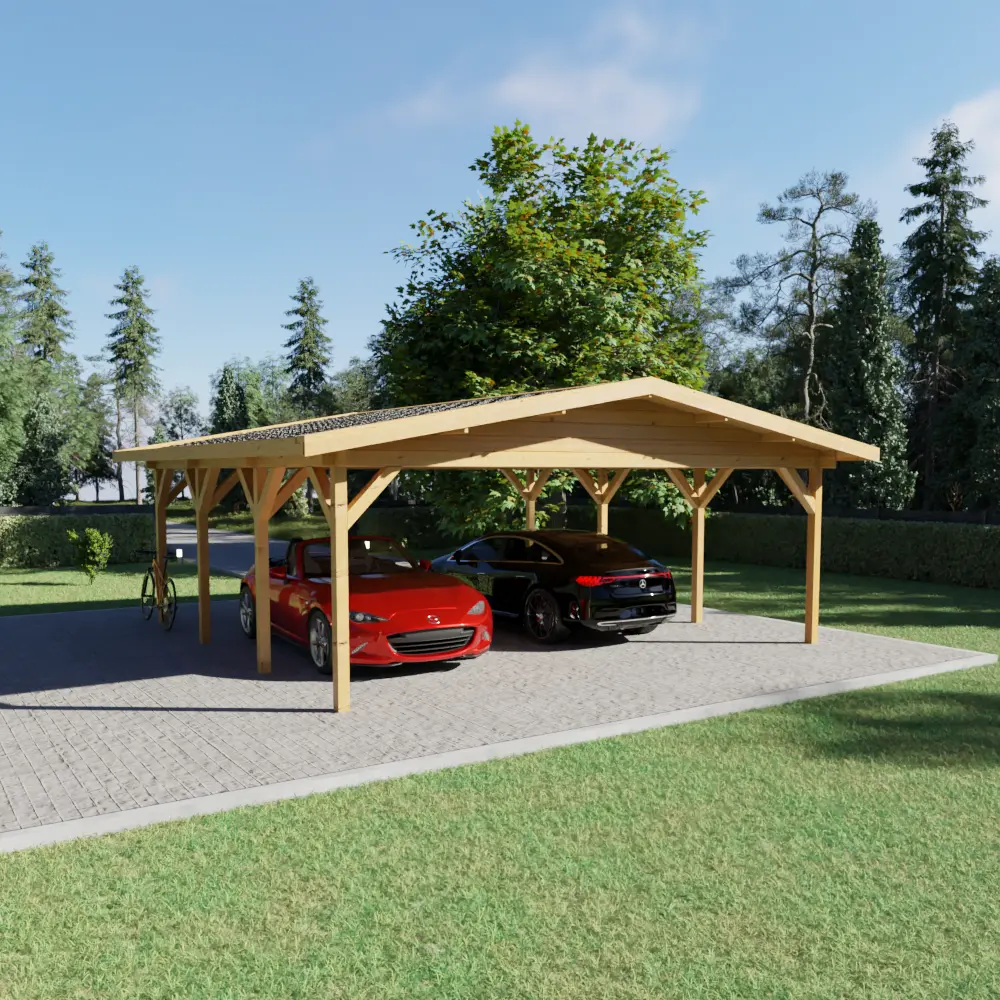 Wooden carport with two parked cars, a red convertible and a black sedan, under a clear blue sky surrounded by trees and grass.