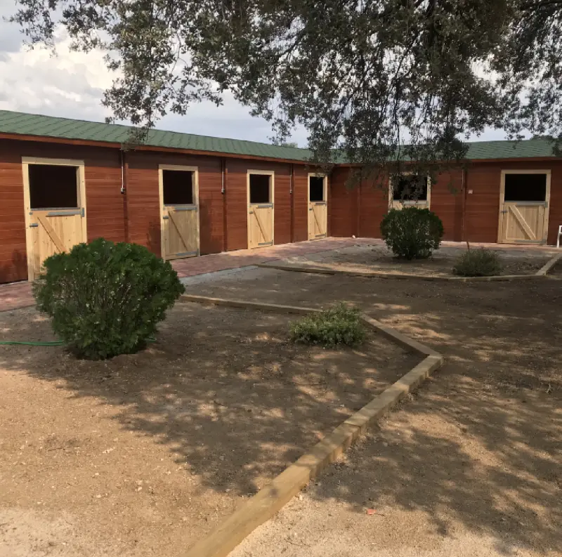 Row of wooden stable doors with a dirt yard and bushes in front under a large tree.